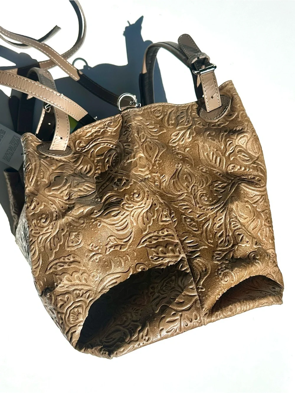 NWT Isadora Italy Tooled Genuine Leather Large Satchel Bag in Tan